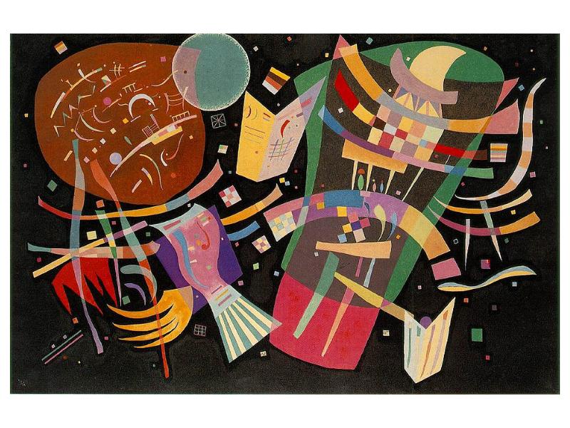 Obra Composition 10 de Kandinsky. Sobre el fondo negro flotan varias formas geométricas de diferentes colores.