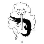 Ilustración en blanco y negro. Mujer de pelo largo y suelto con la lengua fuera sujetando una ciruela con la mano. Una criatura negra se aferra a su pecho.