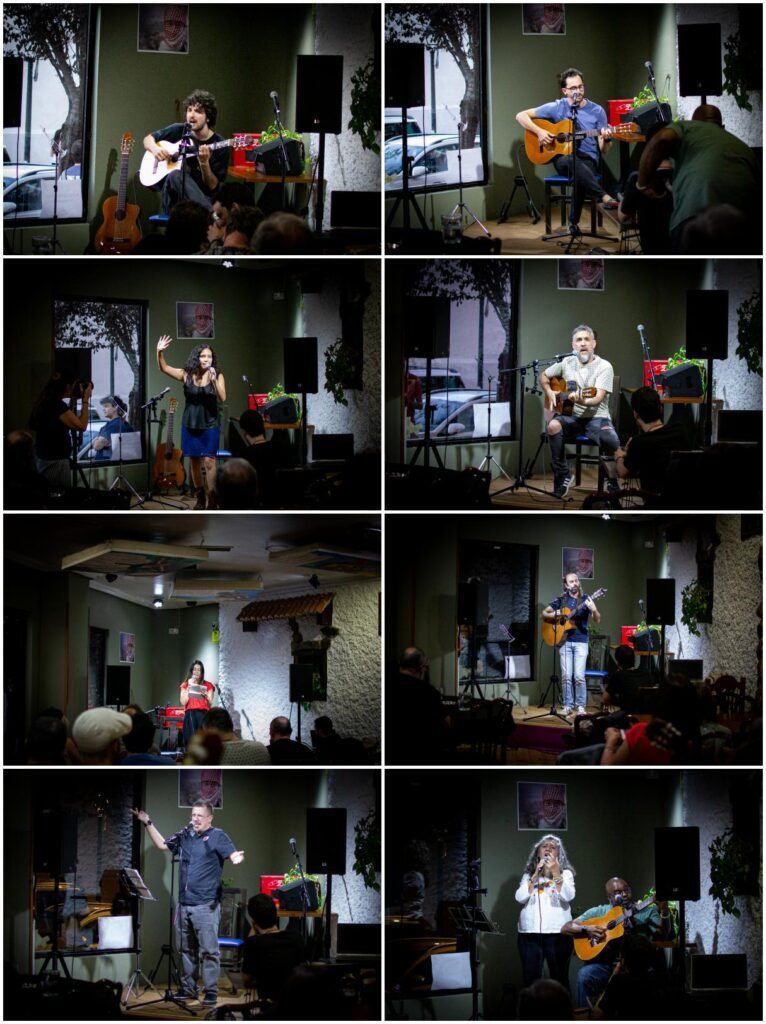 Collage de fotos 2x4 con imágenes de poetas y cantautoras/es de la primera sesión del MIG de la Taberna Garibaldi