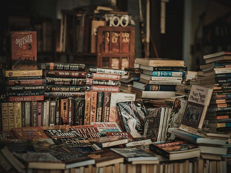 Librería. Primer plano con exposición de muchos libros variados.