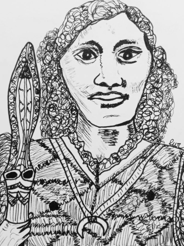 Nafanua, diosa guerrera Samoana. Dibujo en blanco y negro. Nafafua tiene pelo rizado. Porta una espada y lleva un collar con una luna en cuarto creciente.