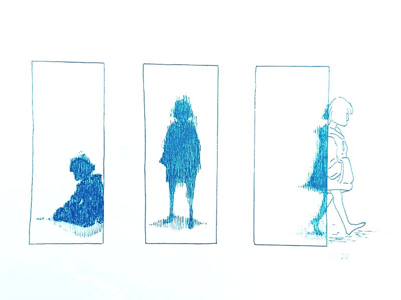 Ilustración en azul de persona en tres viñetas. La persona va en cada viñeta saliendo del recuadro de la misma.