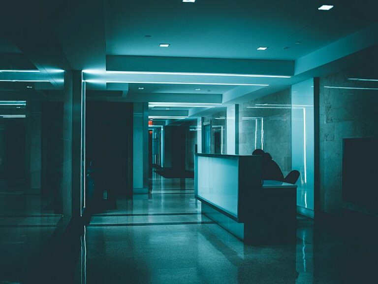 Pasillo con luz fría y misterioso. Alguien aparece al principio del pasillo en un escritorio, no se le distingue más allá de la silueta.