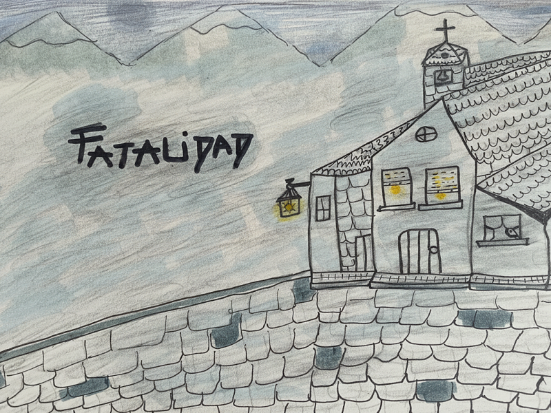 Dibujo hecho con lápiz y rotulador en tonos grises. Se aprecian una iglesia a la que da un camino empedrado.