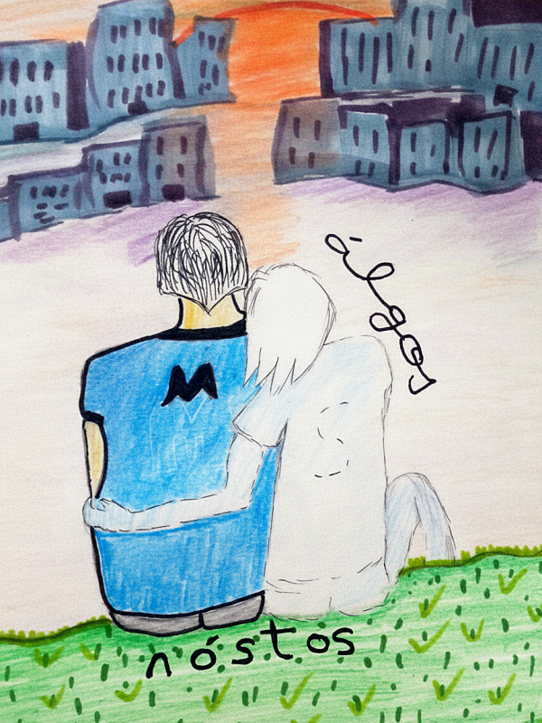 Dibujo hecho con rotulador. Se ven dos figuras de espaldas mirando una ciudad sentados sobre hierba. La figura de la derecha, sin color, abraza a la de la izquierda