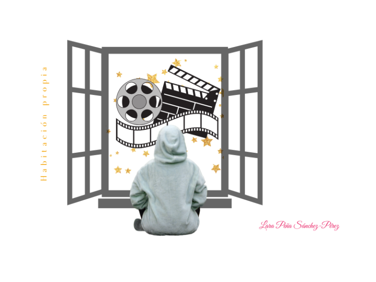 Se ve una ventana abierta de par en par donde podemos varios elementos que hacen referencia al cine: claqueta, fotogramas, rollo de película. Frente a la ventana, de espaldas, hay una persona vestida con sudadera con la capucha puesta.