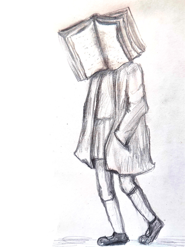 Dibujo a lápiz de una niña cuya cabeza es un libro