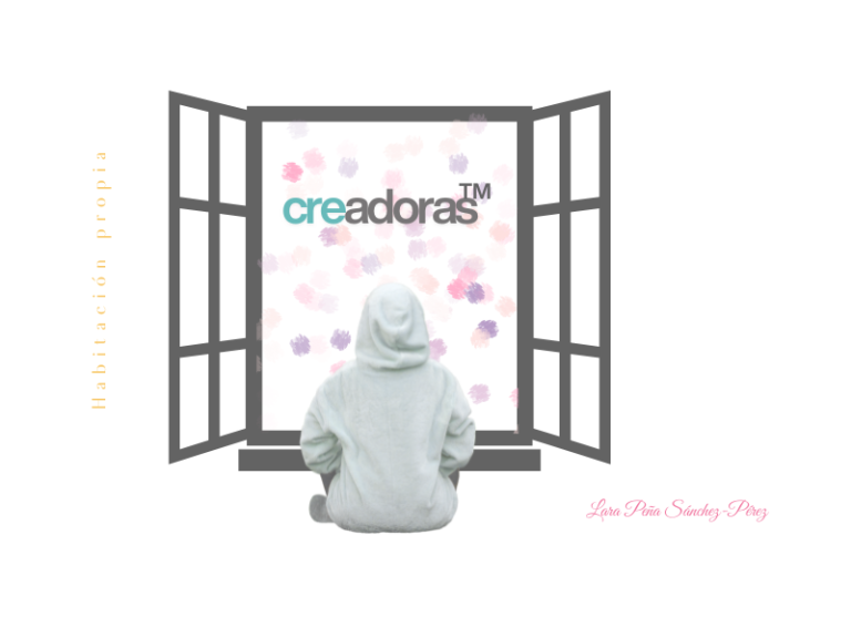 Se ve una ventana abierta de par en par donde podemos ver el titulo creadoras TM. Frente a la ventana, de espaldas, hay una persona vestida con sudadera con la capucha puesta.