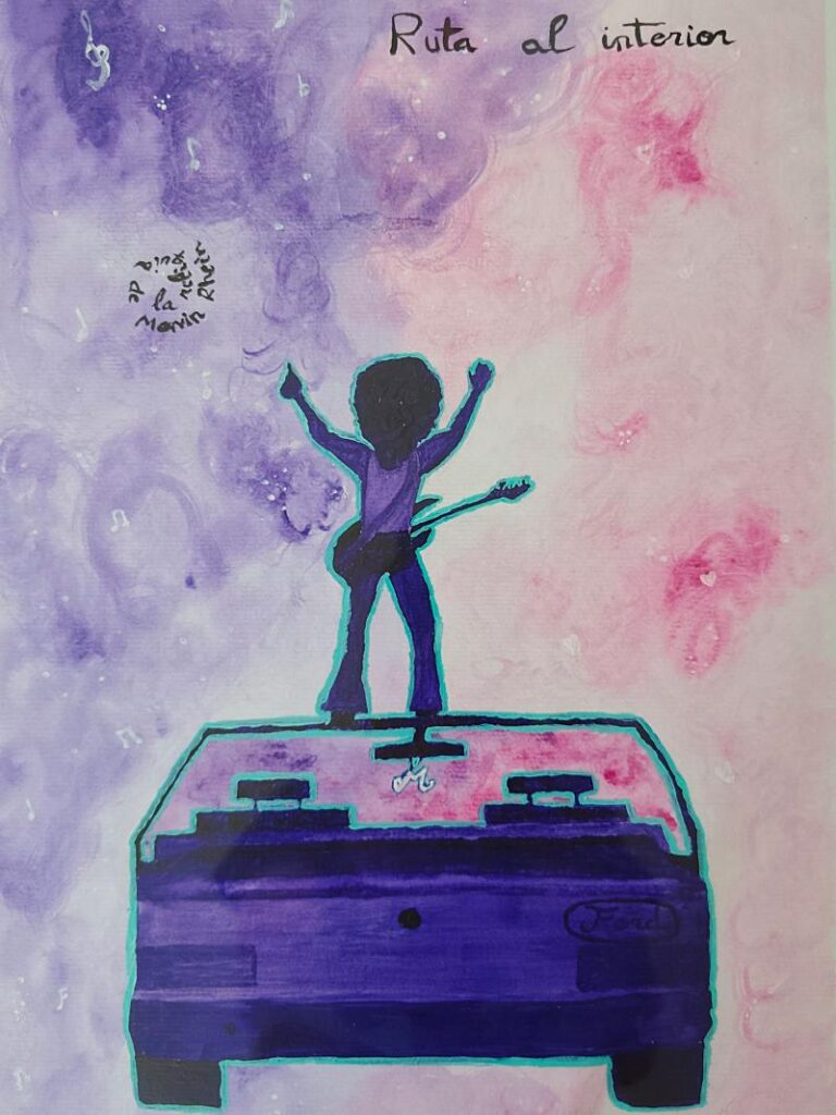 Dibujo a rotulador. Hombre con guitarra a la espalda y brazos en alto subido al techo de un coche.