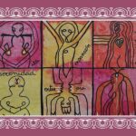 Mural con imágenes que representan ira, expansión, curiosidad, serenidad, entropía y firmeza