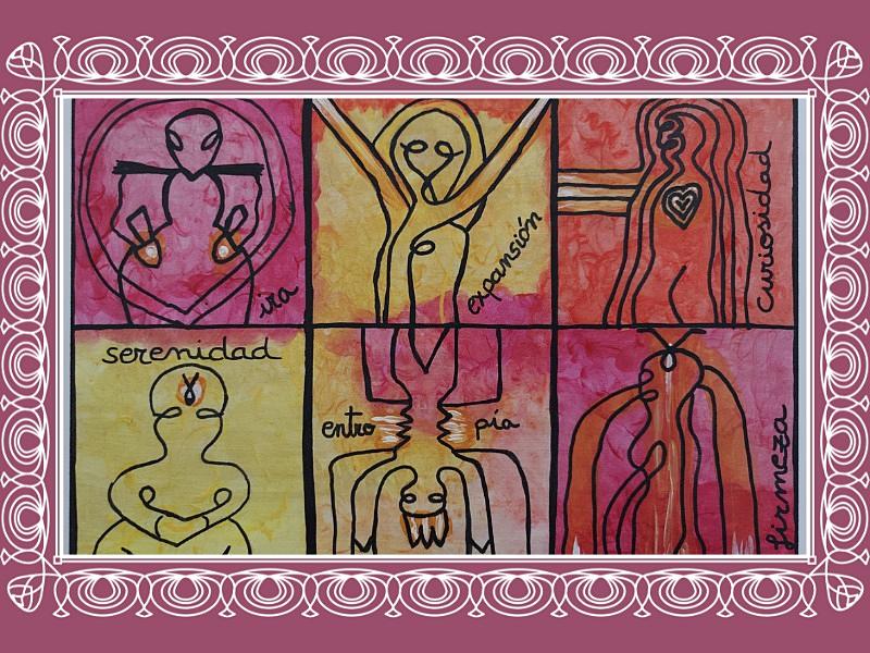 Mural con imágenes que representan ira, expansión, curiosidad, serenidad, entropía y firmeza