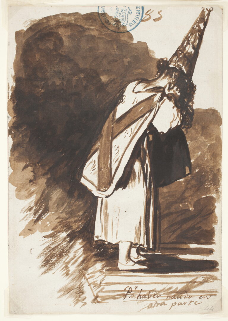 Aguafuerte de Goya. Hombre con capirote y casulla de reo penitente condenado por la inquisición.