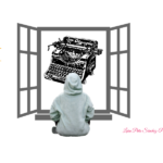 Se ve una ventana abierta de par en par donde podemos ver una vieja máquina de escribir. Frente a la ventana, de espaldas, hay una persona vestida con sudadera con la capucha puesta.