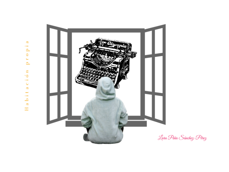 Se ve una ventana abierta de par en par donde podemos ver una vieja máquina de escribir. Frente a la ventana, de espaldas, hay una persona vestida con sudadera con la capucha puesta.