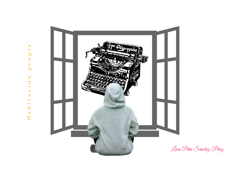 Se ve una ventana abierta de par en par donde podemos ver una vieja máquina de escribir. Frente a la ventana, de espaldas, hay una persona vestida con sudadera con la capucha puesta.