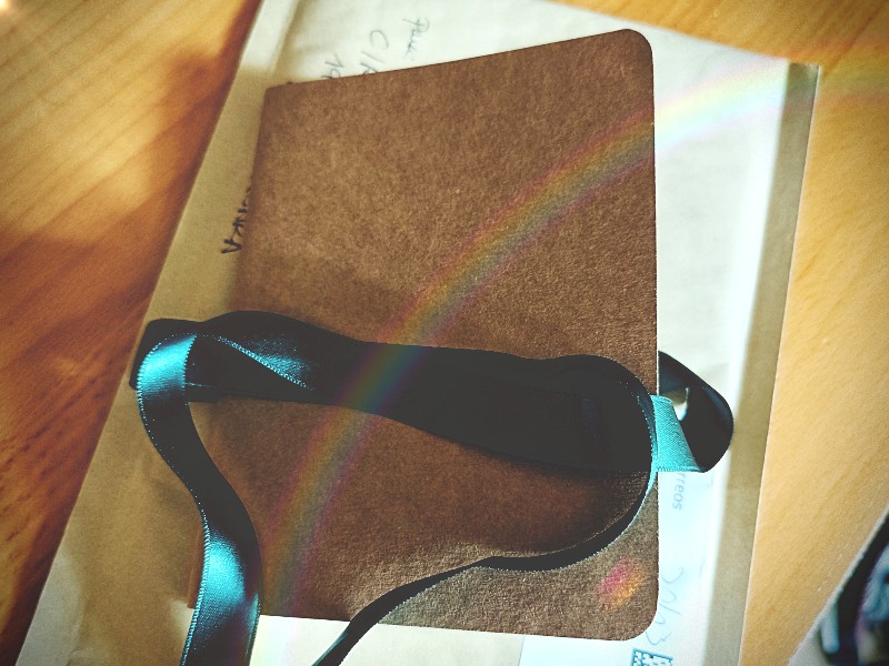 Imagen de un poemario artesanal con tapa marrón. Tiene un lazo verde alrededor ya deshecho. Está sobre una mesa de madera y un sobre de envío postal.