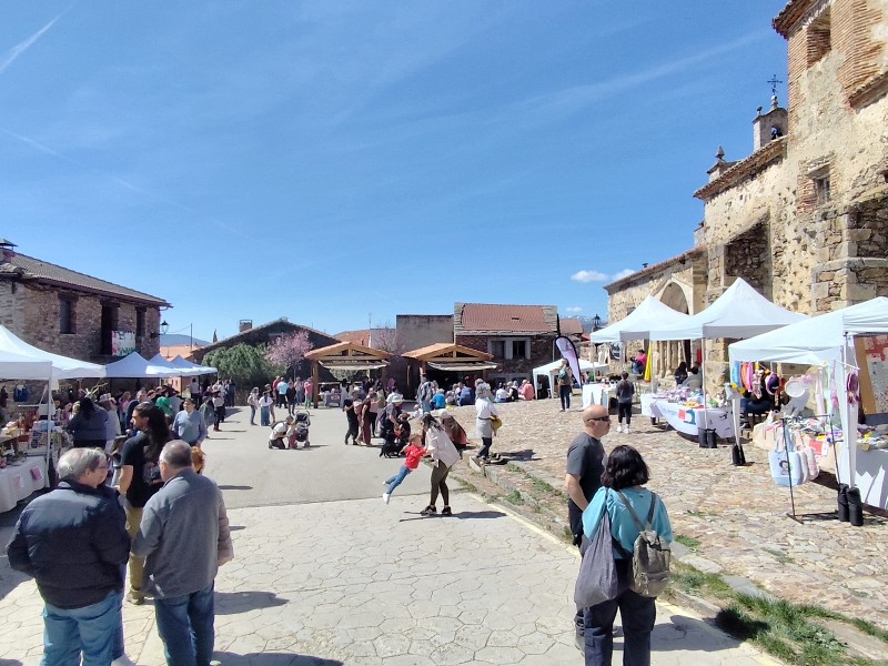 Calle Mayor de Bustares en el día de la VI Feria del Libro. Se ve la calle con gente y los puestos participantes. A la derecha se ve la iglesia de San Lorenzo.