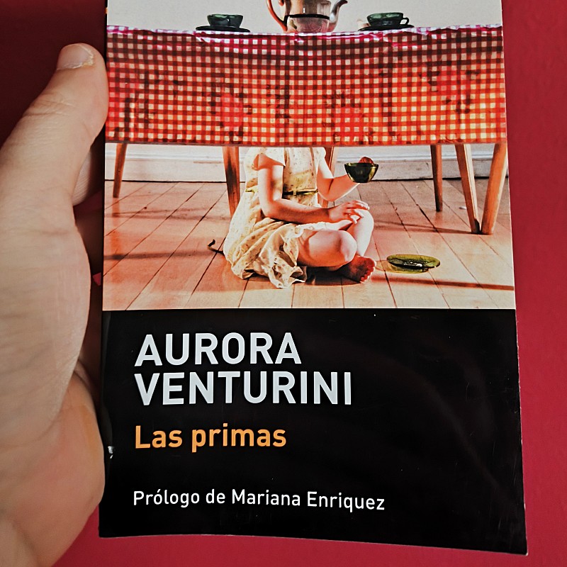 Portada del libro Las primas de Aurora Venturini. En la portada se ve una mesa con mantel a cuadros rojos y blanco sobre el que hay una cafetera y dos tazas. Bajo la mesa una niña con vestido sostiene una taza.