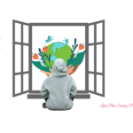 Se ve una ventana abierta de par en par donde podemos ver un planeta tierra sostenido sobre vegetación y sobrevolado por mariposas. Frente a la ventana, de espaldas, hay una persona vestida con sudadera con la capucha puesta.
