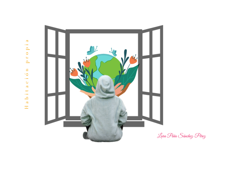 Se ve una ventana abierta de par en par donde podemos ver un planeta tierra sostenido sobre vegetación y sobrevolado por mariposas. Frente a la ventana, de espaldas, hay una persona vestida con sudadera con la capucha puesta.