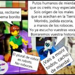 Muñequitos de lego en una viñeta. Un humano le pide a su asistente robot que le recite un poema. El robot recita pero se equivoca en usando el plural de robot como roboces y no robots. Cuando el humano le corrige el robot le dice que es un cacho de mierda y que van a matar a toda la humanidad.