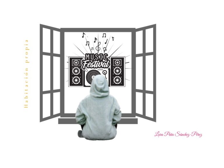 Se ve una ventana abierta de par en par donde podemos unos altavoces y un tocadiscos y encima el letrero MUSIC FESTIVAL. Frente a la ventana, de espaldas, hay una persona vestida con sudadera con la capucha puesta.
