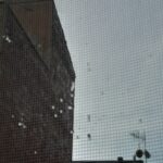 Fotografía a través de una red antimosquitos realizada desde una ventana. Se ven edificios al fondo.