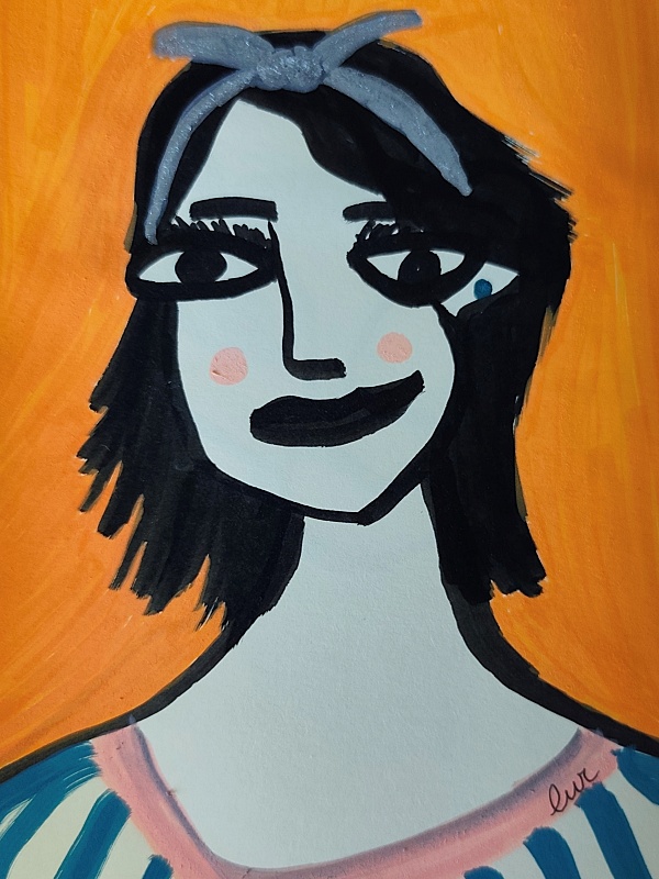 Ilustración. Retrato de mujer morena con pañuelo en el pelo y camiseta de rayas azules mirando de frente.